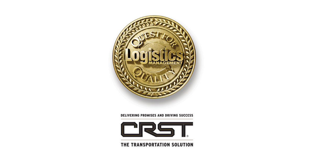 A gold Quest for Quality award medal from Logistics Management above the CRST logo and tagline, celebrating CRST’s excellence in transportation solutions.