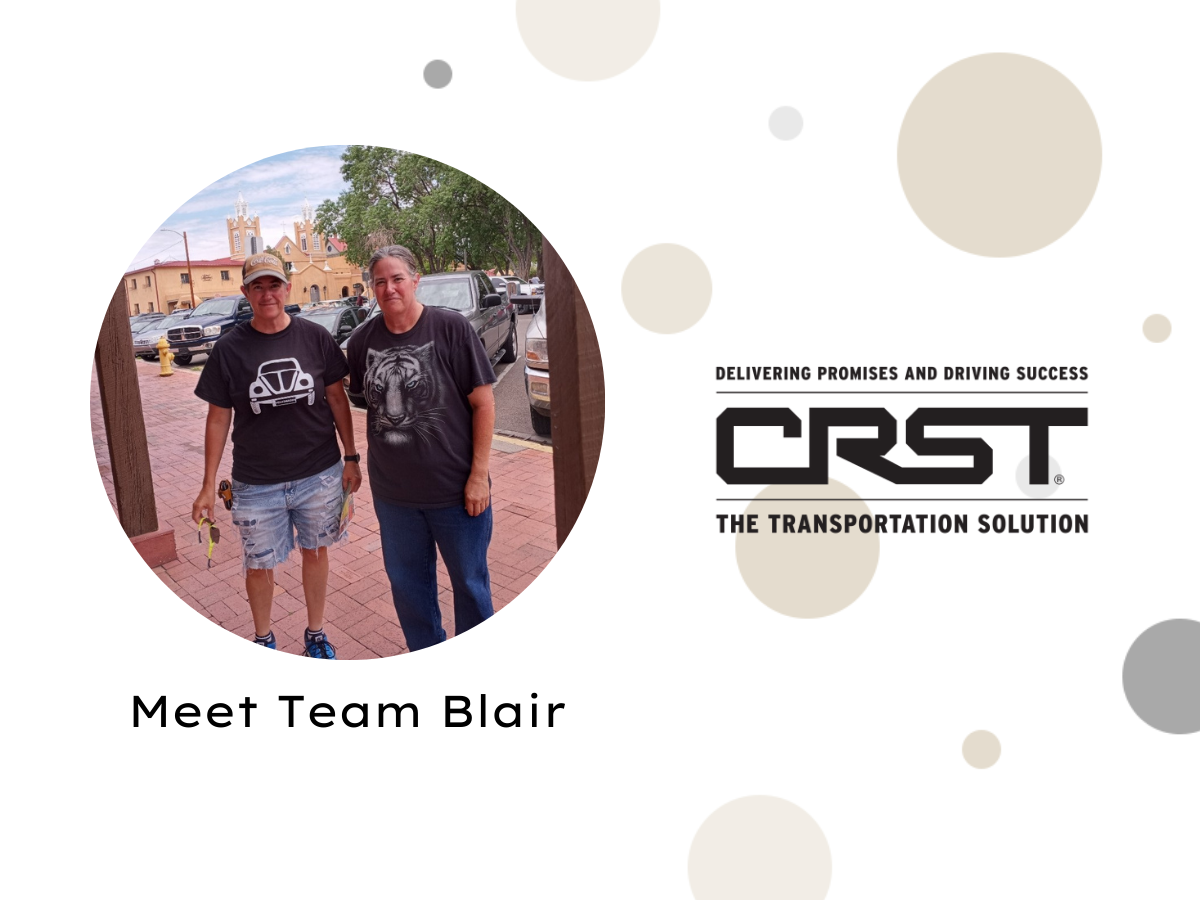 A CRST spotlight graphic featuring Team Blair, two sisters who drive together. The image includes a circular photo of the siblings standing outdoors, dressed casually, with a historic building in the background. The CRST logo and text "Meet Team Blair" are displayed on the right side, with a modern design featuring beige and gray circles.