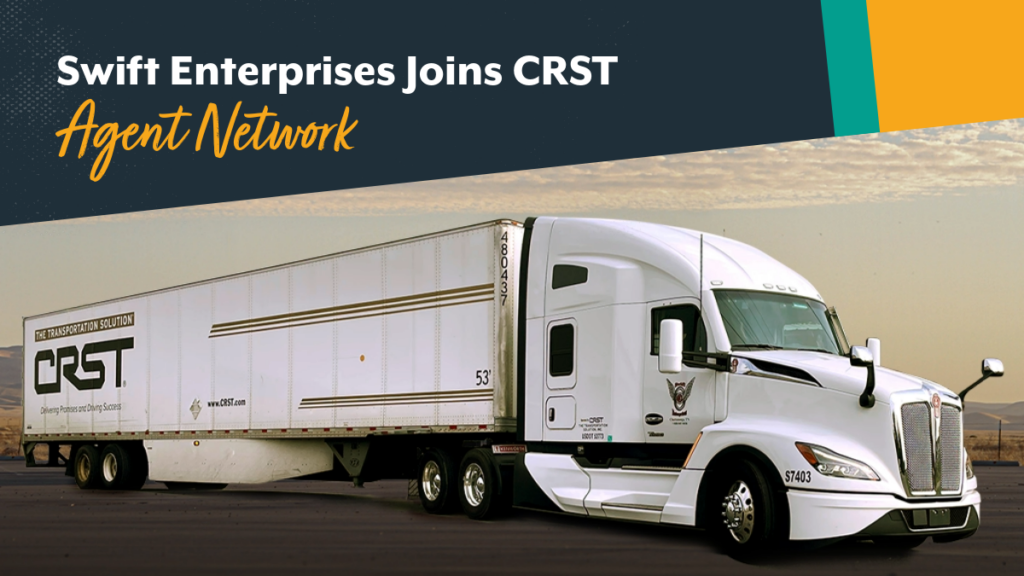 A white CRST semi-truck with a 53’ trailer parked on an open road at sunset, announcing Swift Enterprises joining the CRST Agent Network.