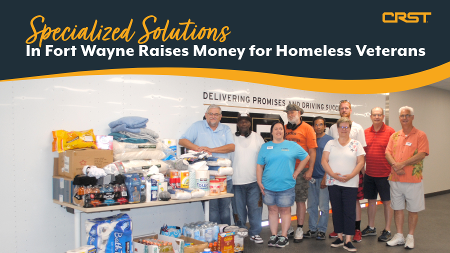 CRST’s Fort Wayne Specialized Solutions team gathers donations to support homeless veterans, demonstrating their commitment to giving back to the community.