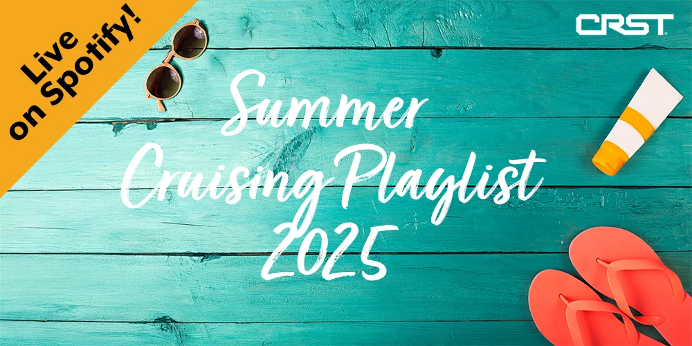Blog 1 Graphic promoting CRST's "Summer Cruising Playlist 2025" on Spotify, featuring bright orange flip-flops, sunscreen, and a teal wooden background with a banner that says "Live on Spotify!" in the top left corner.
